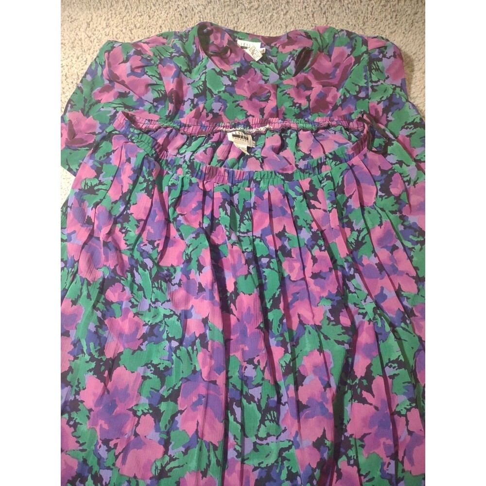 Vtg Leslie Fay Blue 2 piece Floral Sz 14 Multicolor Whimsy Grannycore Dress